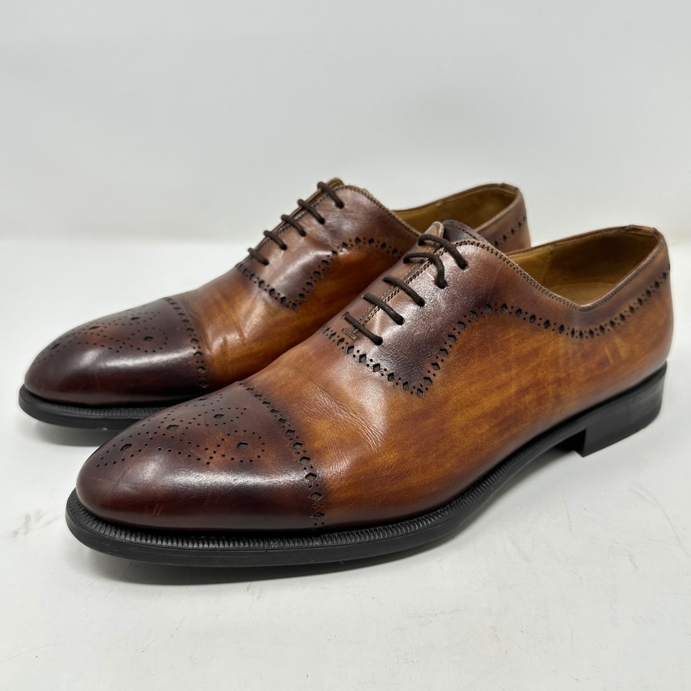 Magnanni Mens Shoes 8.5 M Leyton Brown Burnished Leather Cap Toe Brogue Oxfords